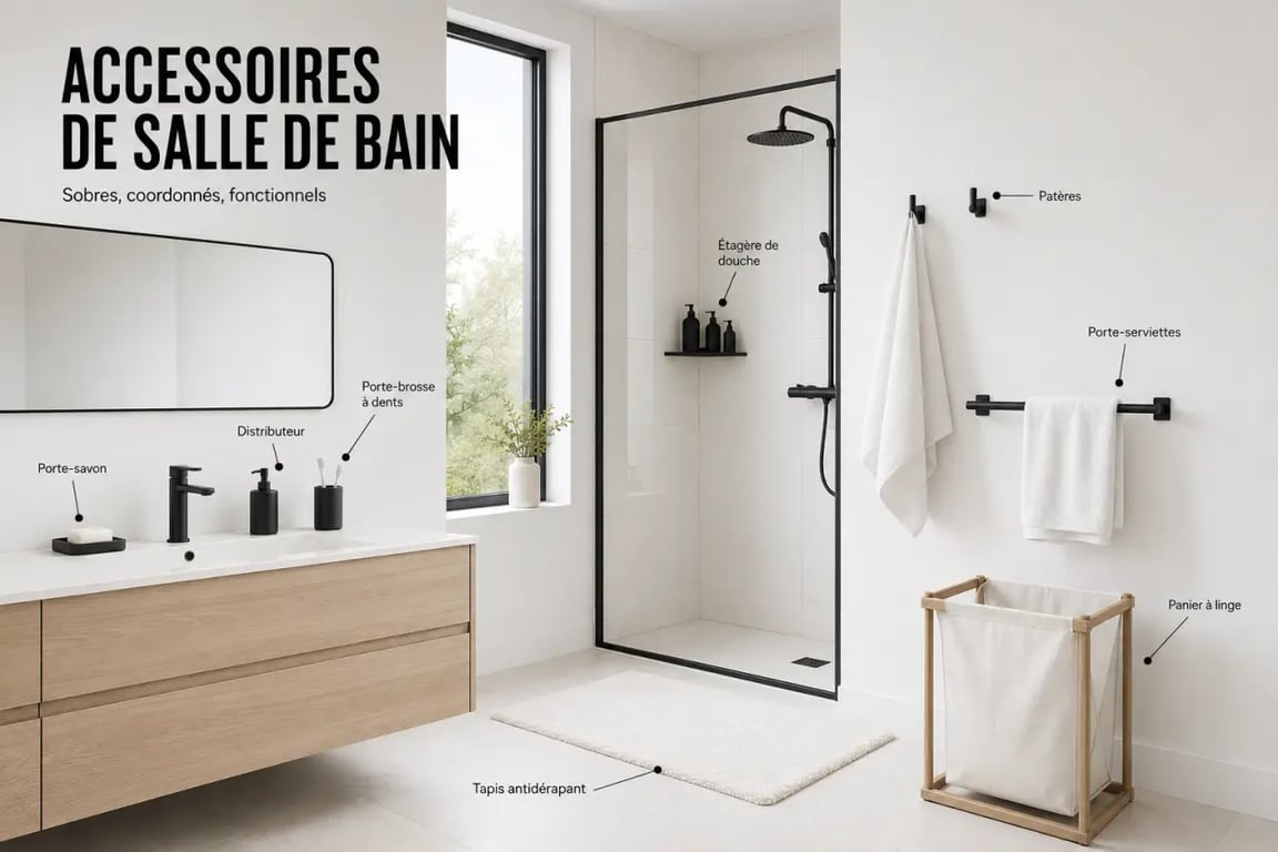 Accessoire salle de bain dans une salle de bain contemporaine avec rangement au lavabo, étagère de douche, porte-serviettes et panier à linge