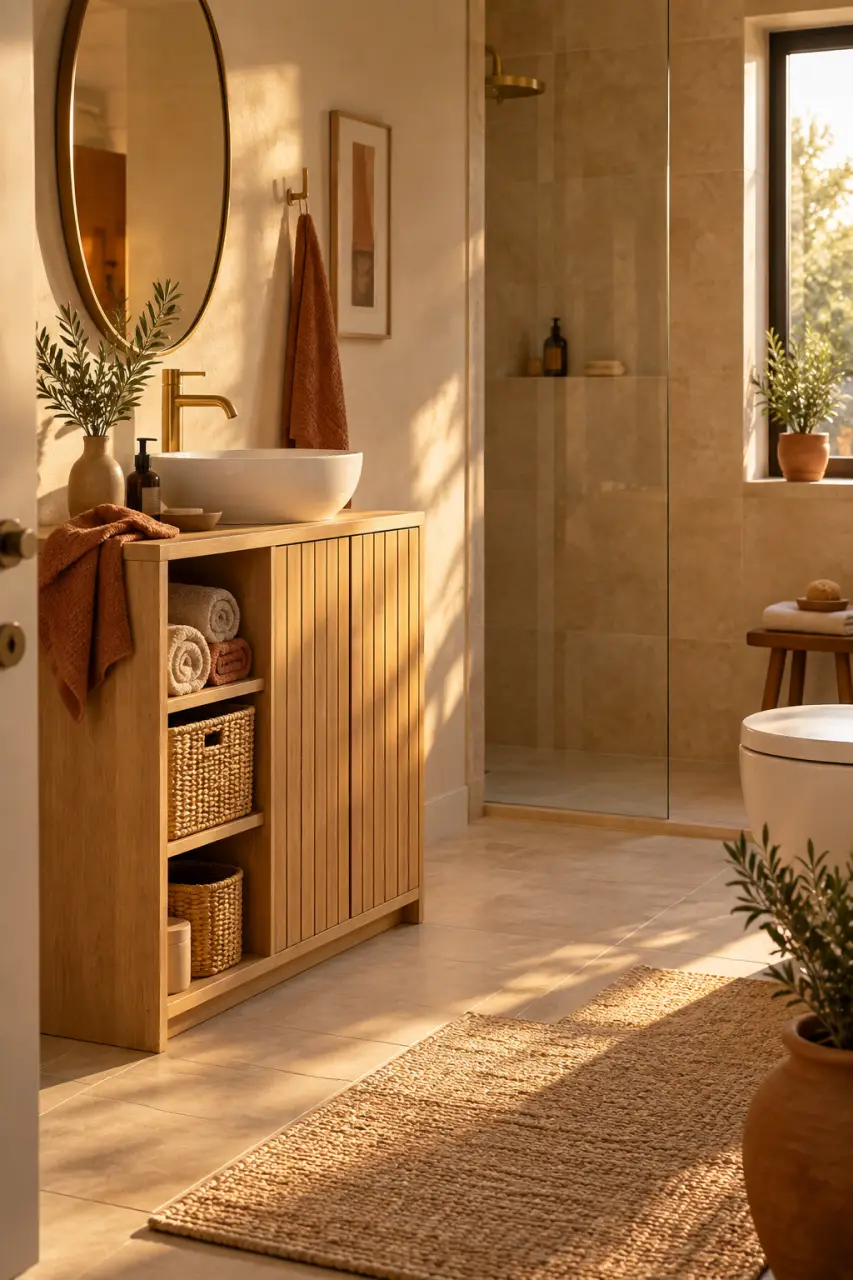 Un petit meuble de rangement pour salle de bain : gagnez de la place sans gêner la circulation