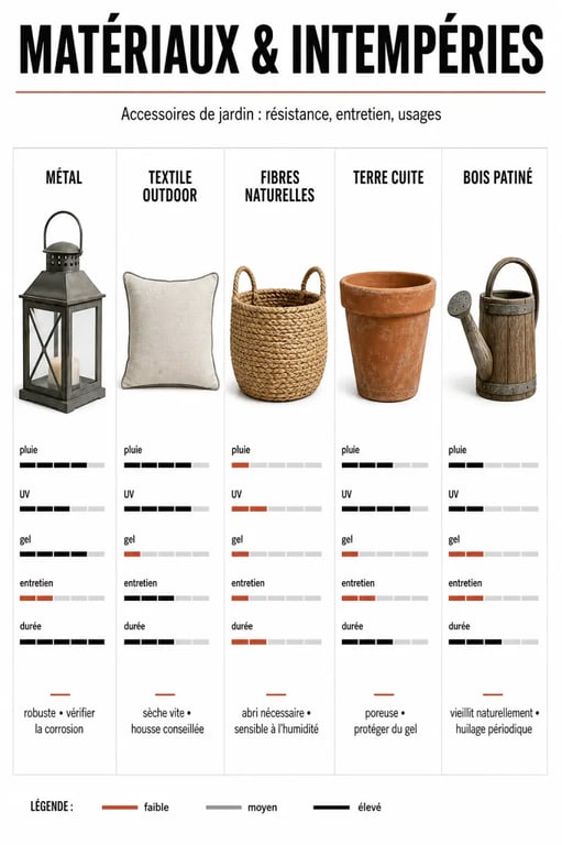 Accessoires jardin : comparaison des matériaux et de la résistance aux intempéries