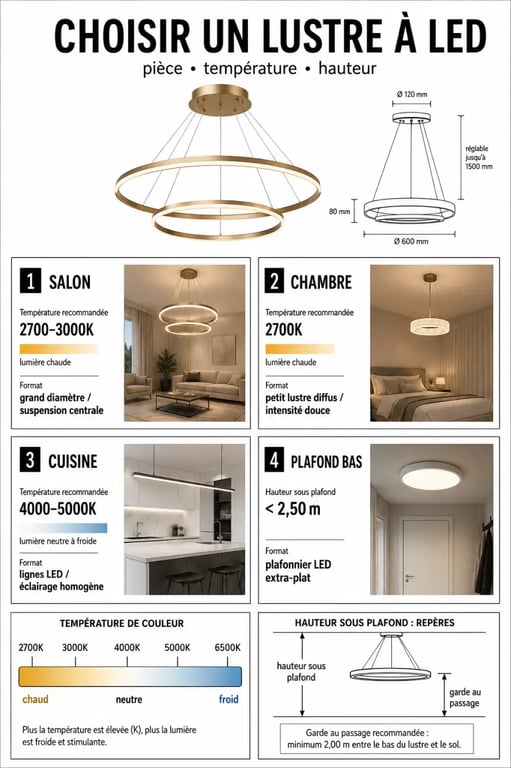 Lustre à led : repères de choix par pièce, température de couleur et hauteur sous plafond