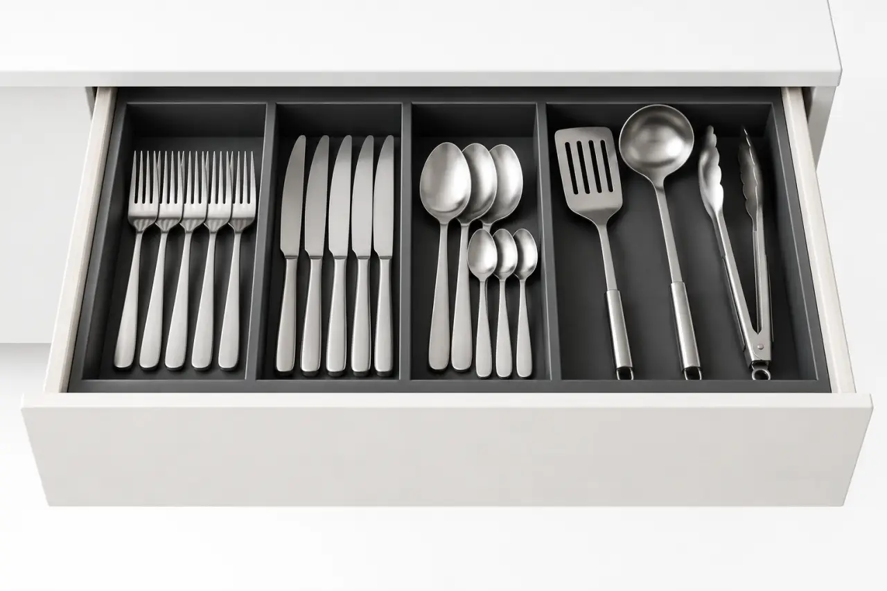 Rangement pour couverts organisé dans un tiroir de cuisine avec compartiments distincts