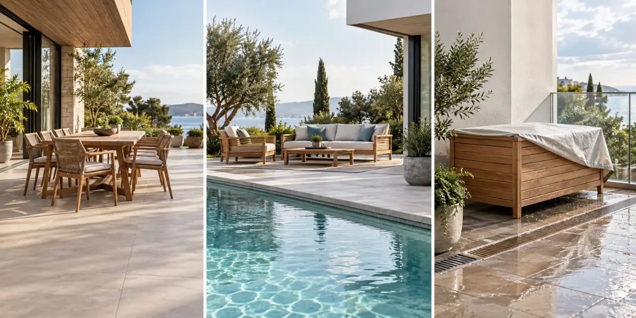 Mise en situation de meubles en bois pour extérieur sur terrasse et balcon