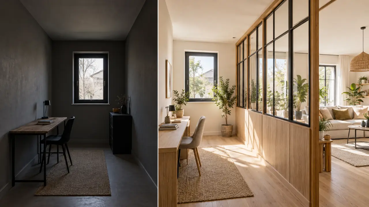 Pièce sombre transformée par une verrière sur mesure et baignée de lumière naturelle