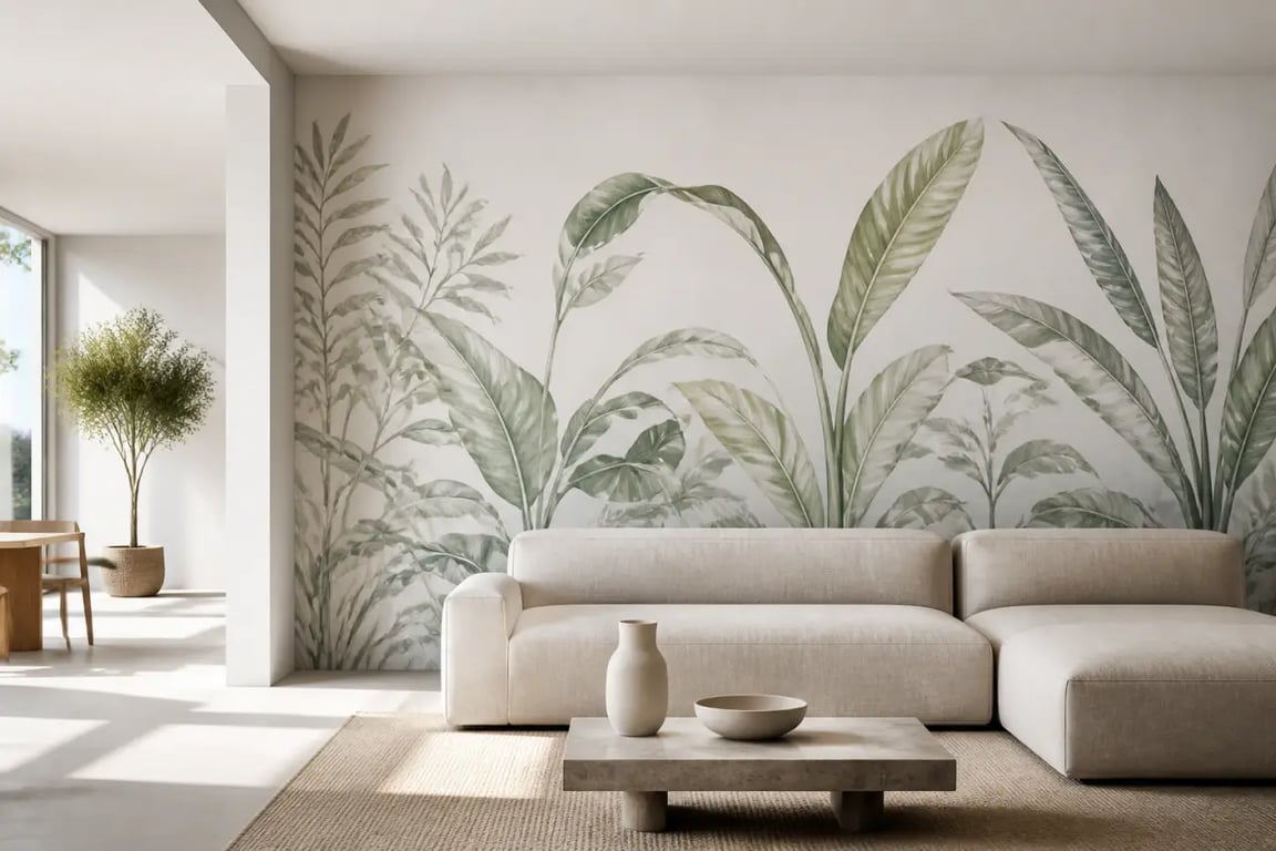 Fresque murale végétale dans un salon contemporain lumineux