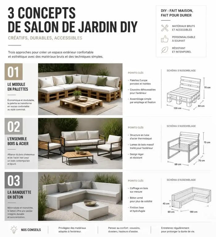 Trois styles de fabrication d'un salon de jardin DIY : palettes, bois et béton
