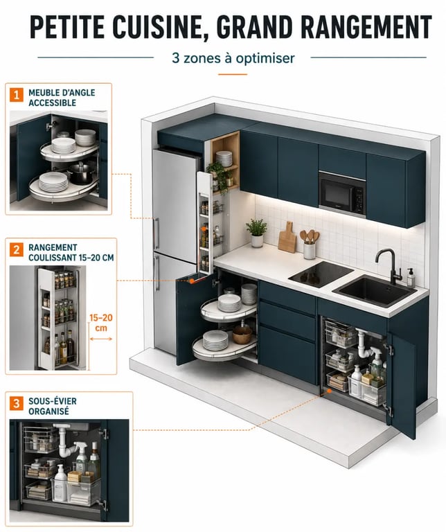 Comment optimiser les rangements dans une petite cuisine avec des angles et interstices exploités