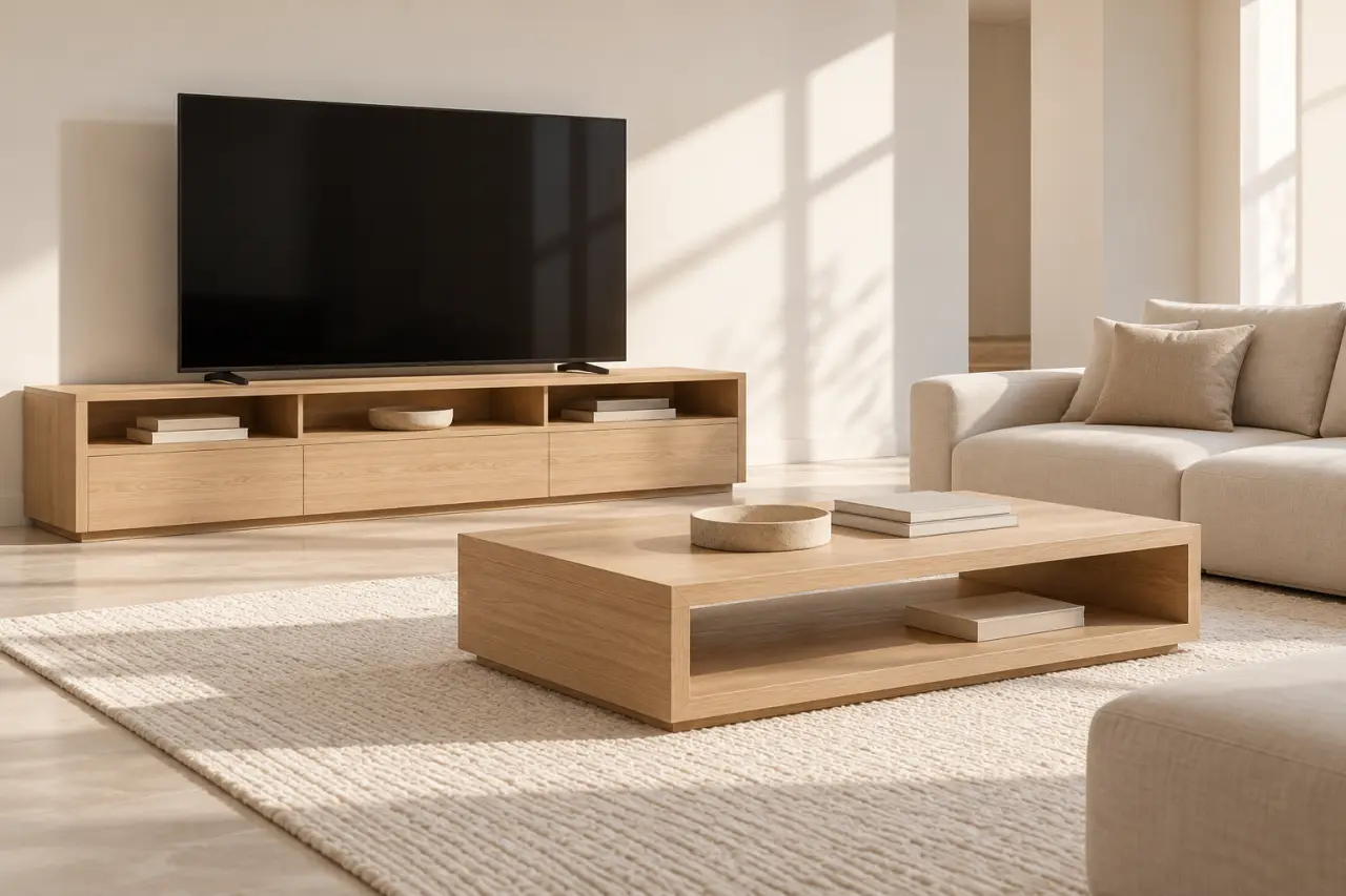 Ensemble meuble TV et table basse coordonné dans un salon contemporain
