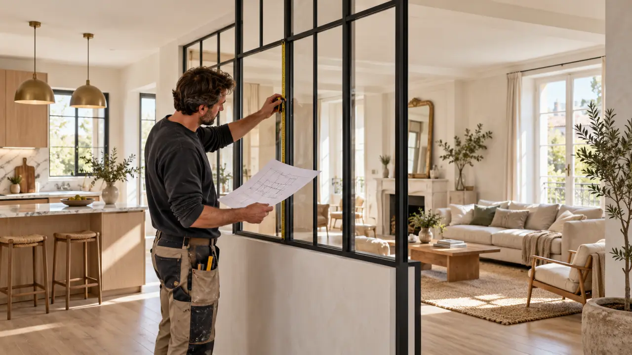 Verrière sur mesure séparant les espaces d’un intérieur lumineux
