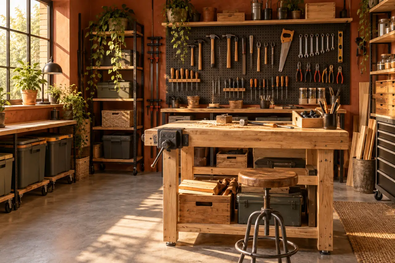 Un rangement atelier efficace sépare le mur, le sol et la zone de travail