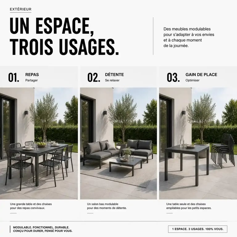 Table et salon de jardin : comparaison visuelle des usages entre repas, détente et petit espace