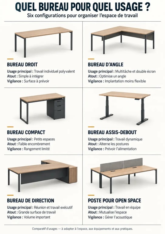 Infographie des principaux types de meuble de bureau et de leurs usages