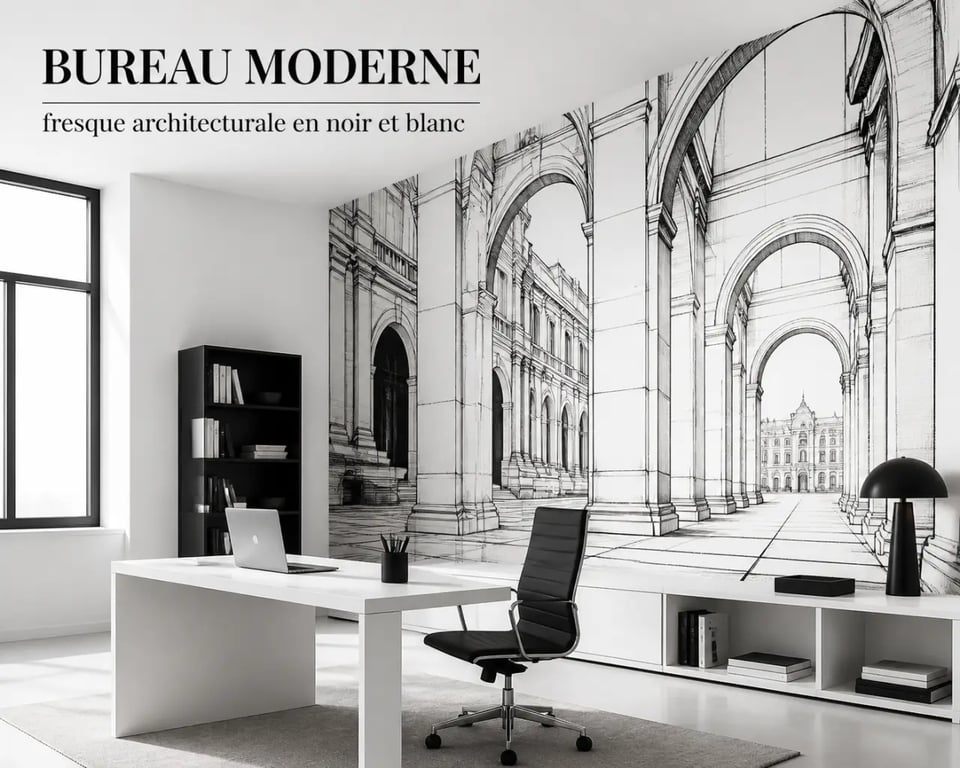 Fresque murale graphique noir et blanc dans un bureau moderne