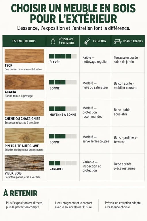 Infographie pour choisir un meuble en bois pour extérieur selon l’essence et l’entretien