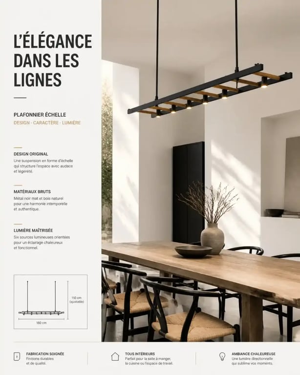 Plafonnier original en forme d'échelle au-dessus d'une table à manger