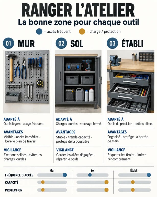 Infographie des solutions de rangement atelier entre mur, sol et établi