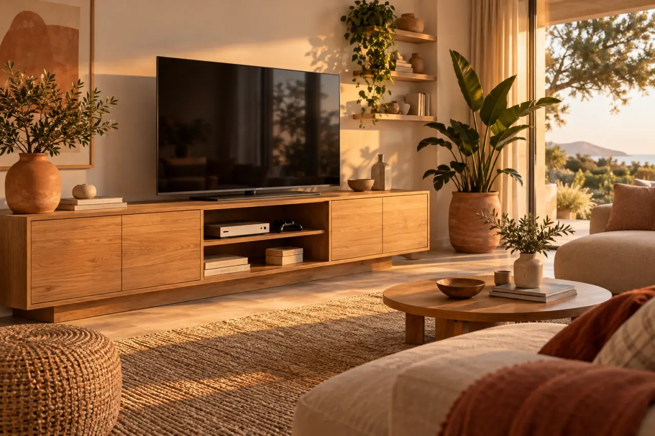 Un meuble TV avec rangements centralise les équipements et allège le salon