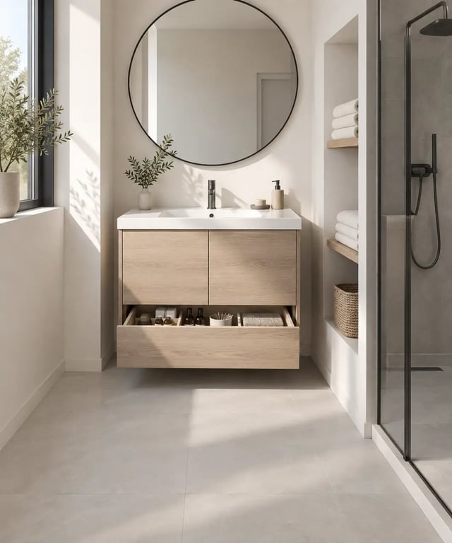 Meuble bas de salle de bain compact sous vasque dans une petite pièce