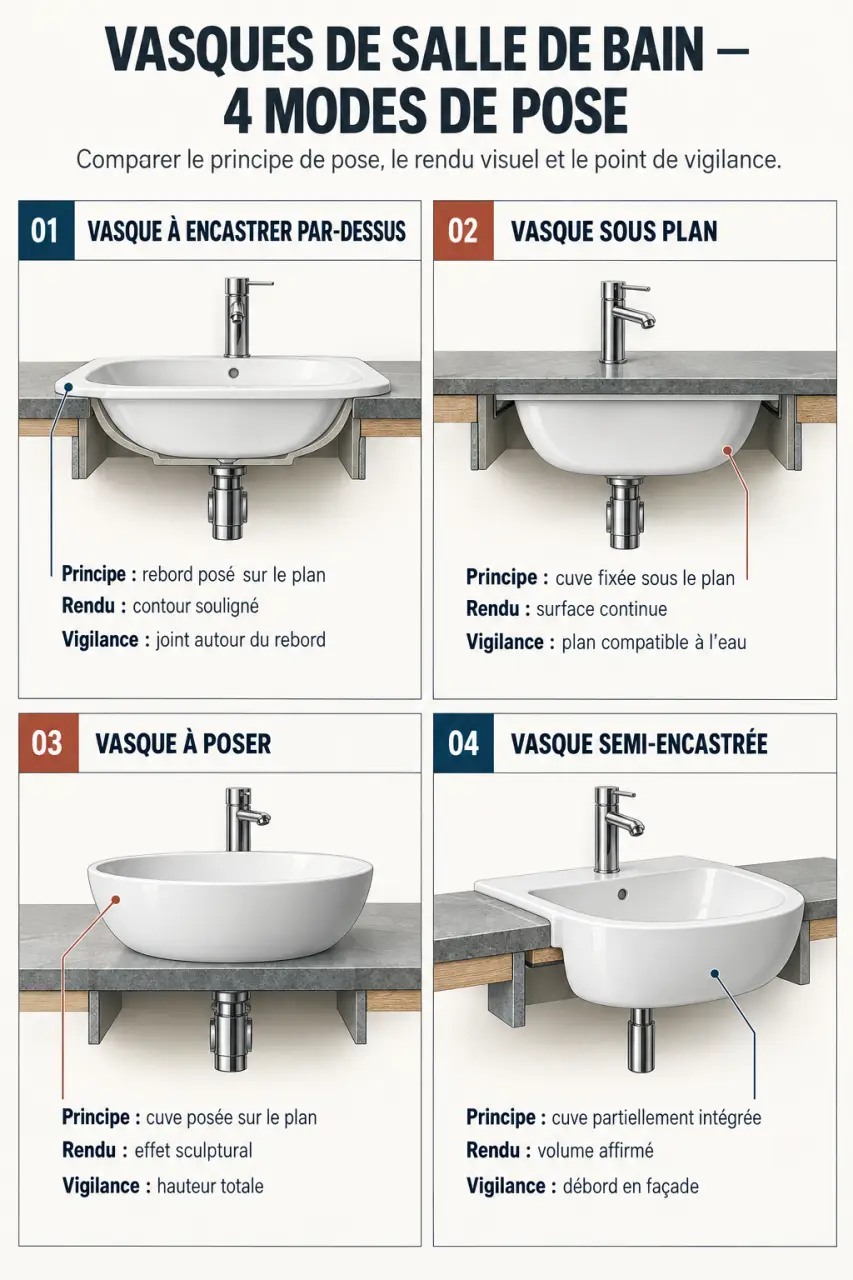 Comparatif des types de vasque de salle de bain encastrable, à poser, sous plan et semi-encastrée
